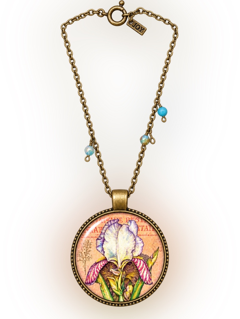 Gold-Tone Iris Pendant Necklace with Pink and Purple Floral Art